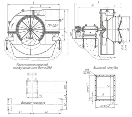 Вентилятор дутьевой ВДН-19 чертеж, габаритные и присоединительные размеры